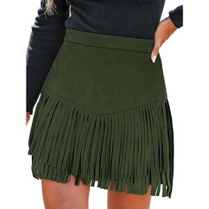 Women Fringe Skirt Western Cowgirl Terra Cotta High Waist Mini Skirt Deep Olive